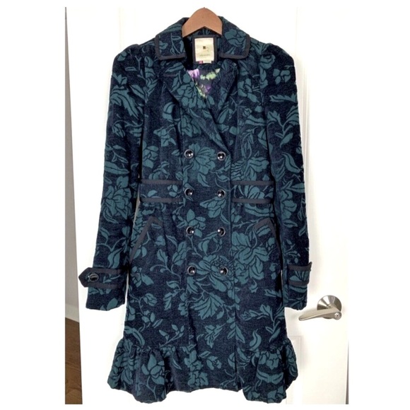 Anthropologie Elevenses Teal Floral Brocade Ruffled Victorian Velvet Peacoat 4 - Picture 1 of 9